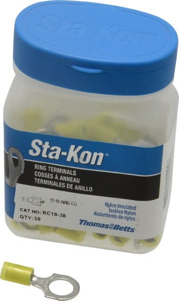 Thomas & Betts - 12-10 AWG Partially Insulated Crimp Connection D Shaped Ring Terminal - 3/8" Stud, 1.27" OAL x 0.59" Wide, Tin Plated Copper Contact - Exact Tooling