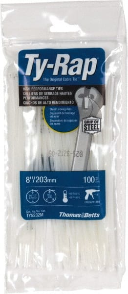 Thomas & Betts - 8" Long Natural (Color) Nylon Standard Cable Tie - 18 Lb Tensile Strength, 50.8mm Max Bundle Diam - Exact Tooling