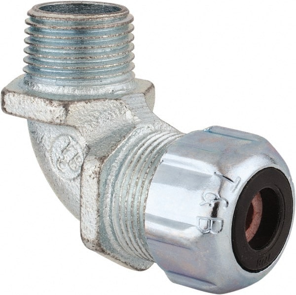 Thomas & Betts - 1/8 to 1/4" Cable Capacity, Liquidtight, Elbow Strain Relief Cord Grip - 1/2 NPT Thread, Iron - Exact Tooling