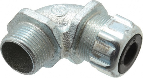 Thomas & Betts - 3/8 to 1/2" Cable Capacity, Liquidtight, Elbow Strain Relief Cord Grip - 3/4 NPT Thread, Iron - Exact Tooling