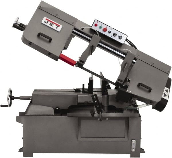 Jet - 10 x 14" Max Capacity, Manual Step Pulley Horizontal Bandsaw - 82, 132, 210 & 330 SFPM Blade Speed, 230 Volts, 45°, 1 Phase - Exact Tooling