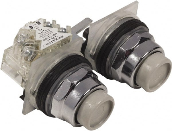 Schneider Electric - 30mm Mount Hole, Extended Straight, Pushbutton Switch with Contact Block - Multicolored Pushbutton, Maintained (MA) - Exact Tooling