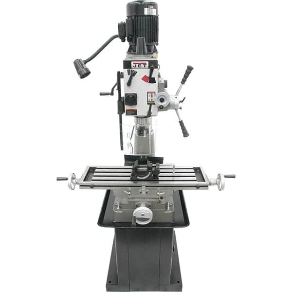 Jet - 1 Phase, 20-1/2" Swing, Geared Head Mill Drill Combination - 32-1/4" Table Length x 9-1/2" Table Width, 20-1/2" Longitudinal Travel, 8-1/4" Cross Travel, 6 Spindle Speeds, 1.5 hp, 115/230 Volts - Exact Tooling