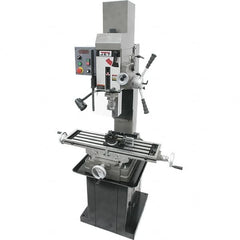 Jet - 3 Phase, 19-11/16" Swing, Geared Head Mill Drill Combination - 32-1/4" Table Length x 9-1/2" Table Width, 20-1/2" Longitudinal Travel, 8-1/4" Cross Travel, Variable Spindle Speeds, 1.5 hp, 230 Volts - Exact Tooling