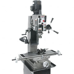 Jet - 3 Phase, 19-11/16" Swing, Geared Head Mill Drill Combination - 32-1/4" Table Length x 9-1/2" Table Width, 20-1/2" Longitudinal Travel, 8-1/4" Cross Travel, Variable Spindle Speeds, 1.5 hp, 230 Volts - Exact Tooling
