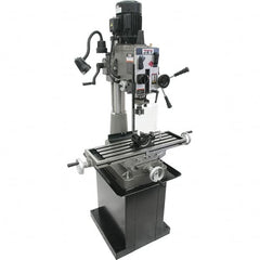 Jet - 1 Phase, 20-1/2" Swing, Geared Head Mill Drill Combination - 32-1/4" Table Length x 9-1/2" Table Width, 20-1/2" Longitudinal Travel, 8-1/4" Cross Travel, 6 Spindle Speeds, 1.5 hp, 115/230 Volts - Exact Tooling