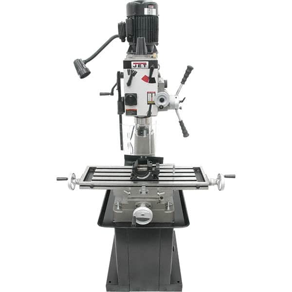 Jet - 1 Phase, 20-1/2" Swing, Geared Head Mill Drill Combination - 32-1/4" Table Length x 9-1/2" Table Width, 20-1/2" Longitudinal Travel, 8-1/4" Cross Travel, 6 Spindle Speeds, 1.5 hp, 115/230 Volts - Exact Tooling