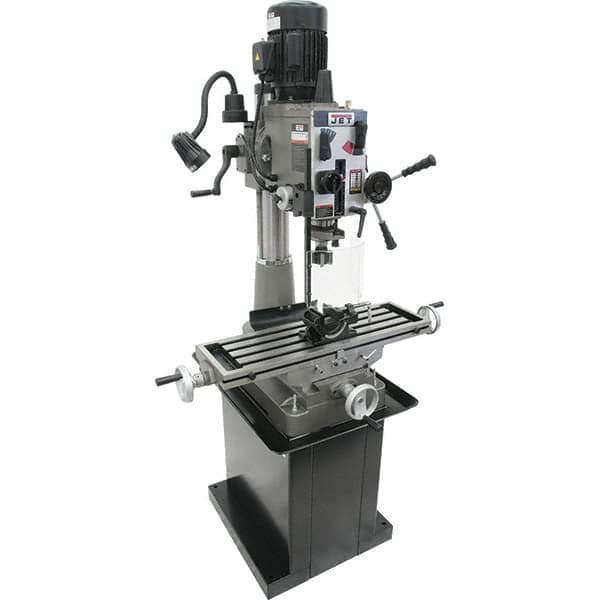 Jet - 1 Phase, 20-1/2" Swing, Geared Head Mill Drill Combination - 32-1/4" Table Length x 9-1/2" Table Width, 20-1/2" Longitudinal Travel, 8-1/4" Cross Travel, 6 Spindle Speeds, 1.5 hp, 115/230 Volts - Exact Tooling