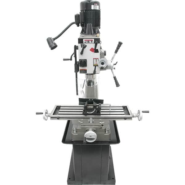 Jet - 1 Phase, 20-1/2" Swing, Geared Head Mill Drill Combination - 32-1/4" Table Length x 9-1/2" Table Width, 20-1/2" Longitudinal Travel, 8-1/4" Cross Travel, 6 Spindle Speeds, 1.5 hp, 115/230 Volts - Exact Tooling