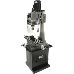 Jet - 1 Phase, 19-11/16" Swing, Geared Head Mill Drill Combination - 32-1/4" Table Length x 9-1/2" Table Width, 20-1/2" Longitudinal Travel, 8-1/4" Cross Travel, 6 Spindle Speeds, 1.5 hp, 115/230 Volts - Exact Tooling
