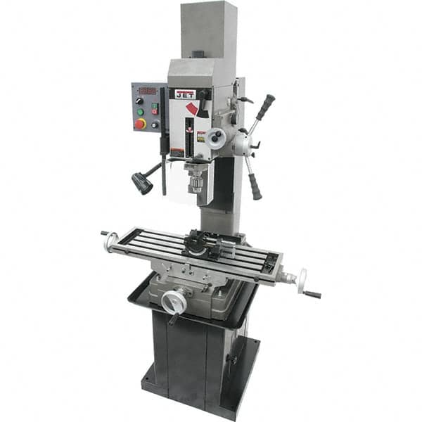 Jet - 3 Phase, 19-11/16" Swing, Geared Head Mill Drill Combination - 32-1/4" Table Length x 9-1/2" Table Width, 20-1/2" Longitudinal Travel, 8-1/4" Cross Travel, Variable Spindle Speeds, 1.5 hp, 230 Volts - Exact Tooling
