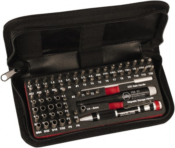 Wiha - 68 Piece, 4mm Drive Screwdriver Micro Bit Set - #000 to #2 Phillips, 0.7 to 4mm Hex, T1 to T20 Torx, 0.8, 1.2, 1.5, 1.8, 2, 2.5, 3, 3.5 & 4mm Slotted - Exact Tooling