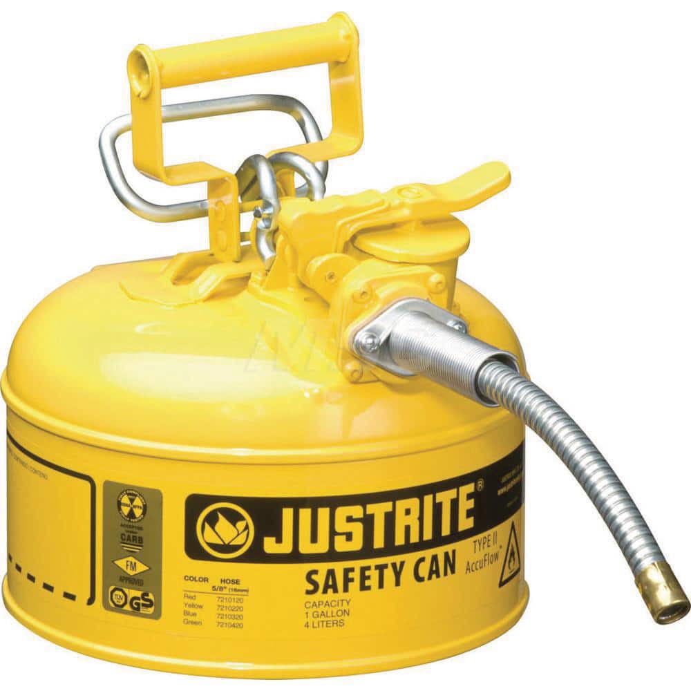 Justrite - Safety Dispensing Cans; Capacity: 1 Gal. ; Material: Steel ; Color: Yellow ; Height (Decimal Inch): 10.500000 ; Diameter/Length (mm): 9.50 ; Approval Listing/Regulations: FM Approved; UL; ULC; TUV - Exact Tooling