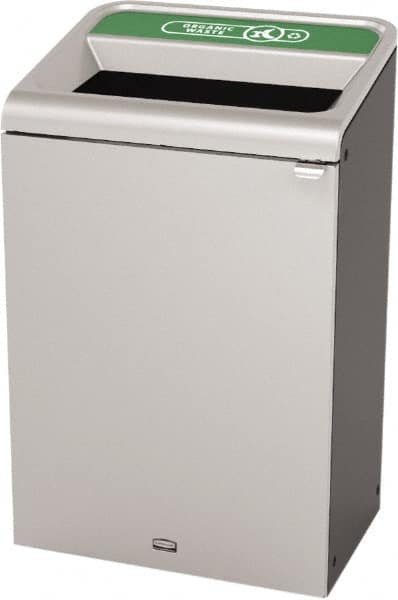 Rubbermaid - 33 Gal Gray Rectangle Decorative Indoor Single Stream Waste Receptacle - Metal, Organic Waste Graphic, 37.965" High x 24.051" Long x 19-1/2" Wide, Lid Included - Exact Tooling