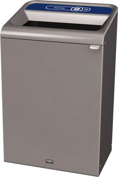 Rubbermaid - 33 Gal Gray Rectangle Decorative Indoor Single Stream Waste Receptacle - Metal, Paper Graphic, 37.965" High x 24.051" Long x 19-1/2" Wide, Lid Included - Exact Tooling