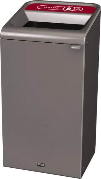 Rubbermaid - 23 Gal Gray Rectangle Decorative Indoor Single Stream Waste Receptacle - Metal, Plastic Graphic, 37.965" High x 19.588" Long x 19-1/2" Wide, Lid Included - Exact Tooling