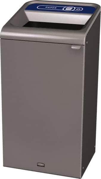 Rubbermaid - 23 Gal Gray Rectangle Decorative Indoor Single Stream Waste Receptacle - Metal, Paper Graphic, 37.965" High x 19.588" Long x 19-1/2" Wide, Lid Included - Exact Tooling