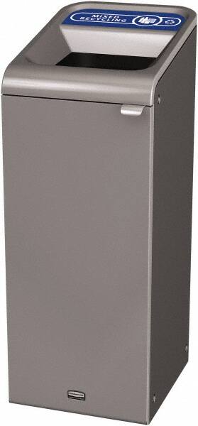 Rubbermaid - 15 Gal Gray Rectangle Decorative Indoor Single Stream Waste Receptacle - Metal, Mixed Recycling Graphic, 37.965" High x 14.784" Long x 19-1/2" Wide, Lid Included - Exact Tooling