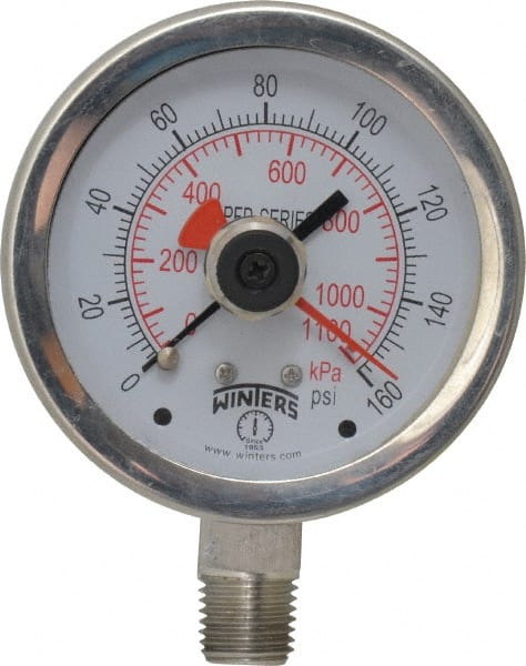 Winters - 2-1/2" Dial, 1/4 Thread, 0-160 Scale Range, Pressure Gauge - Lower Connection Mount, Accurate to 1% of Scale - Exact Tooling