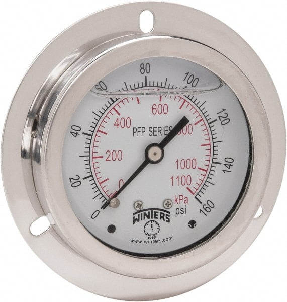 Winters - 2-1/2" Dial, 1/4 Thread, 0-160 Scale Range, Pressure Gauge - Front Flange Panel Mount, Center Back Connection Mount, Accurate to 1.6% of Scale - Exact Tooling