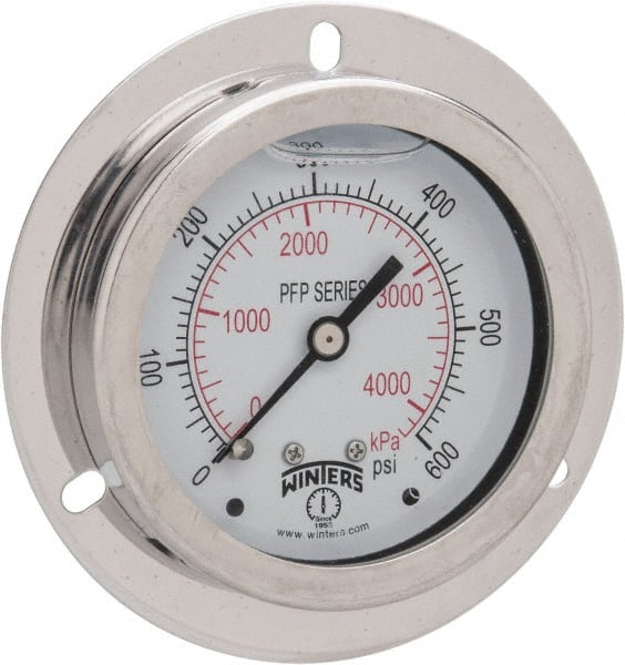 Winters - 2-1/2" Dial, 1/4 Thread, 0-600 Scale Range, Pressure Gauge - Front Flange Panel Mount, Center Back Connection Mount, Accurate to 1.6% of Scale - Exact Tooling
