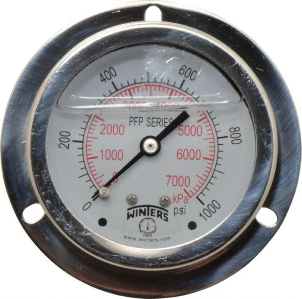 Winters - 2-1/2" Dial, 1/4 Thread, 0-1,000 Scale Range, Pressure Gauge - Front Flange Panel Mount, Center Back Connection Mount, Accurate to 1.6% of Scale - Exact Tooling