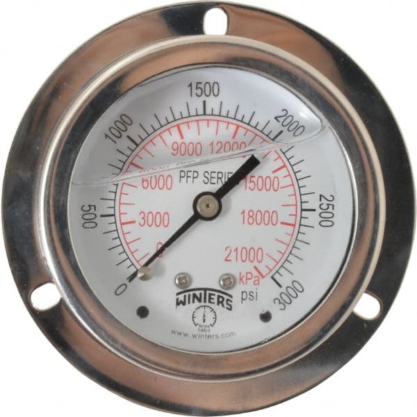 Winters - 2-1/2" Dial, 1/4 Thread, 0-3,000 Scale Range, Pressure Gauge - Front Flange Panel Mount, Center Back Connection Mount, Accurate to 1.6% of Scale - Exact Tooling