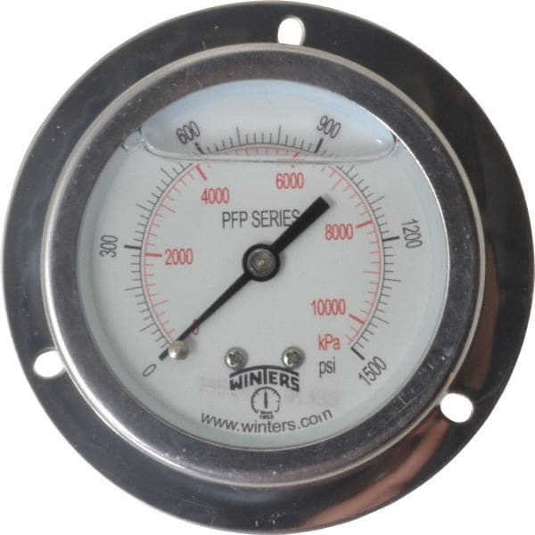 Winters - 2-1/2" Dial, 1/4 Thread, 0-1,500 Scale Range, Pressure Gauge - Front Flange Panel Mount, Center Back Connection Mount, Accurate to 1.6% of Scale - Exact Tooling