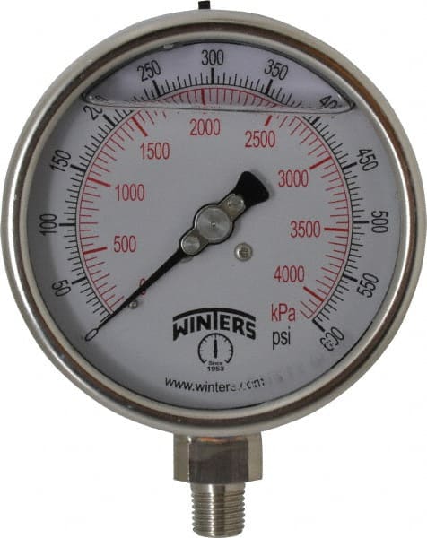 Winters - 4" Dial, 1/4 Thread, 0-600 Scale Range, Pressure Gauge - Lower Connection Mount, Accurate to 1% of Scale - Exact Tooling