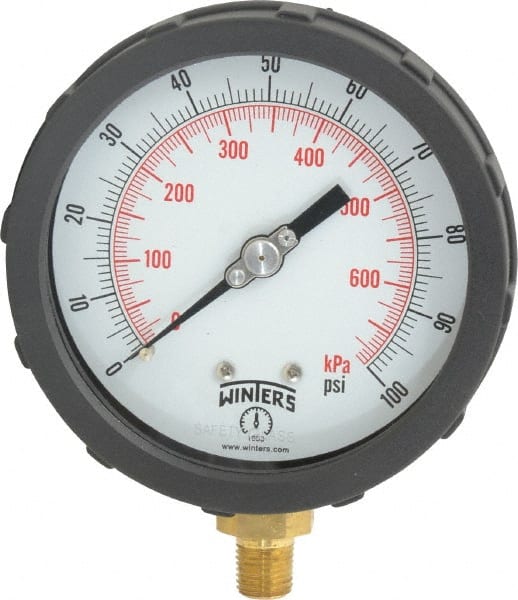 Winters - 4" Dial, 1/4 Thread, 0-100 Scale Range, Pressure Gauge - Lower Connection Mount, Accurate to 1% of Scale - Exact Tooling