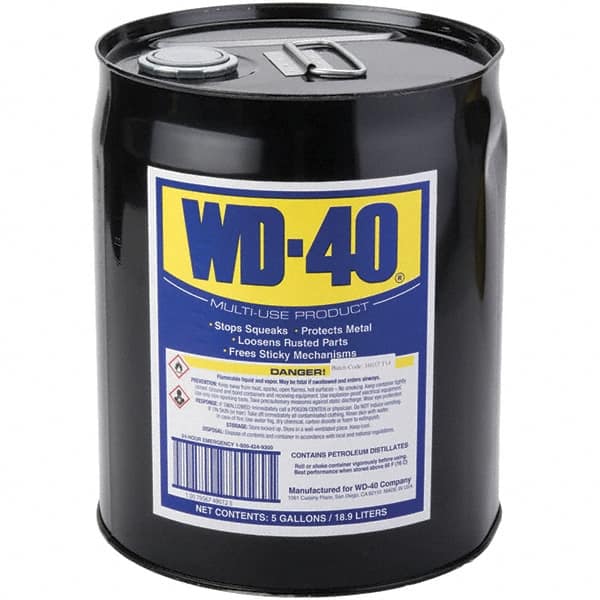 WD-40 - 5 Gal Pail Multi-Use Product - Bulk, Liquid, Stop Squeaks, Removes & Protects, Loosens Rusted Parts, Free Sticky Mechanisms, Drives Out Moisture - Exact Tooling