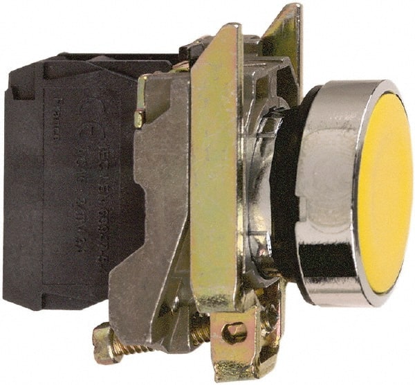 Square D - 0.87 Inch Mount Hole, Flush, Pushbutton Switch Only - Round, Yellow Pushbutton, Nonilluminated, Momentary (MO), Shock and Vibration Resistant - Exact Tooling