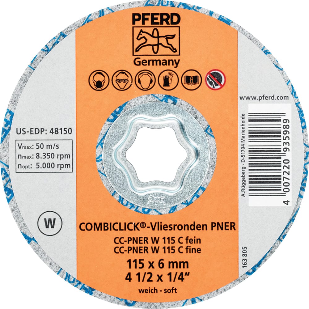 PFERD - Quick Change Discs; Disc Diameter (Inch): 4-1/2 ; Attaching System: COMBICLICK ; Abrasive Type: Non-Woven ; Abrasive Material: Silicon Carbide ; Grade: Fine ; Backing Material: Cloth - Exact Tooling