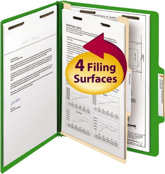 SMEAD - 8-1/2 x 11", Letter Size, Green, Classification Folders with Top Tab Fastener - 14 Point Stock, Right of Center Tab Cut Location - Exact Tooling