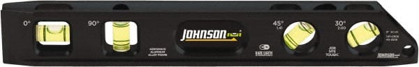 Johnson Level & Tool - Magnetic 9" Long 4 Vial Torpedo Level - Aluminum, Black, 1 30°, 1 45°, 1 Plumb & 1 Level Vial - Exact Tooling
