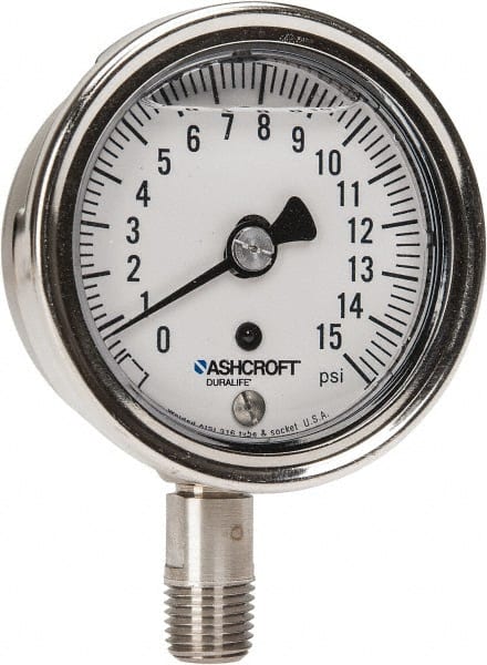 Ashcroft - 2-1/2" Dial, 1/4 Thread, 0-15 Scale Range, Pressure Gauge - Lower Connection Mount, Accurate to 1% of Scale - Exact Tooling