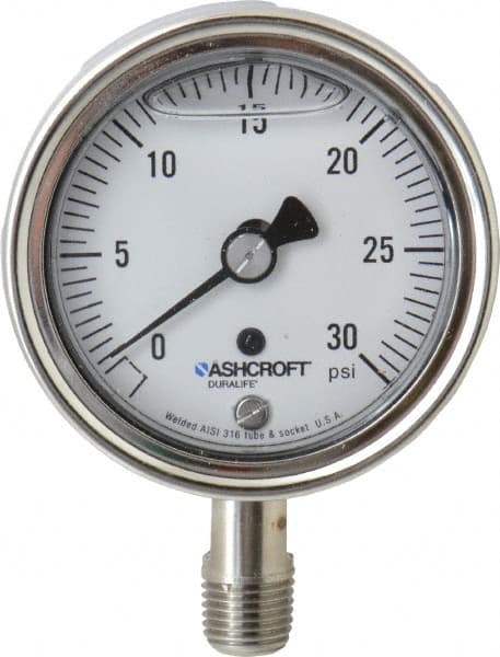 Ashcroft - 2-1/2" Dial, 1/4 Thread, 0-30 Scale Range, Pressure Gauge - Lower Connection Mount, Accurate to 1% of Scale - Exact Tooling