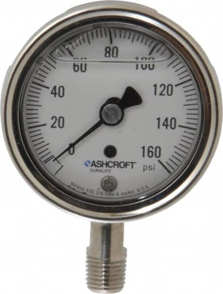 Ashcroft - 2-1/2" Dial, 1/4 Thread, 0-160 Scale Range, Pressure Gauge - Lower Connection Mount, Accurate to 1% of Scale - Exact Tooling