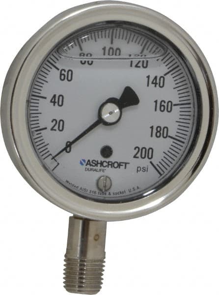 Ashcroft - 2-1/2" Dial, 1/4 Thread, 0-200 Scale Range, Pressure Gauge - Lower Connection Mount, Accurate to 1% of Scale - Exact Tooling
