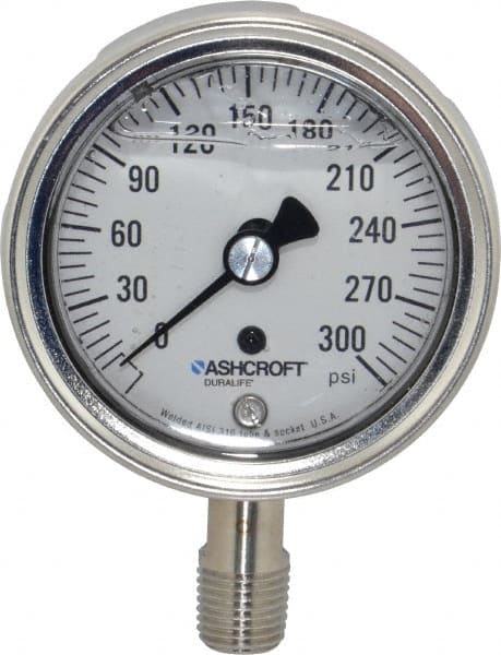 Ashcroft - 2-1/2" Dial, 1/4 Thread, 0-300 Scale Range, Pressure Gauge - Lower Connection Mount, Accurate to 1% of Scale - Exact Tooling