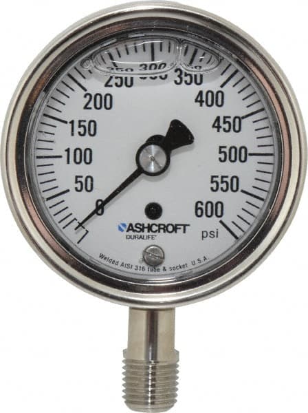 Ashcroft - 2-1/2" Dial, 1/4 Thread, 0-600 Scale Range, Pressure Gauge - Lower Connection Mount, Accurate to 1% of Scale - Exact Tooling
