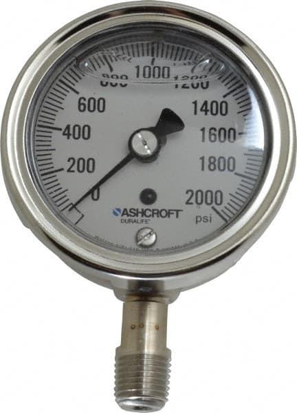Ashcroft - 2-1/2" Dial, 1/4 Thread, 0-2,000 Scale Range, Pressure Gauge - Lower Connection Mount, Accurate to 1% of Scale - Exact Tooling