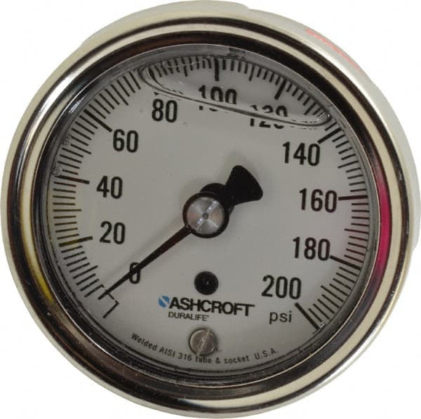 Ashcroft - 2-1/2" Dial, 1/4 Thread, 0-200 Scale Range, Pressure Gauge - Center Back Connection Mount, Accurate to 1% of Scale - Exact Tooling