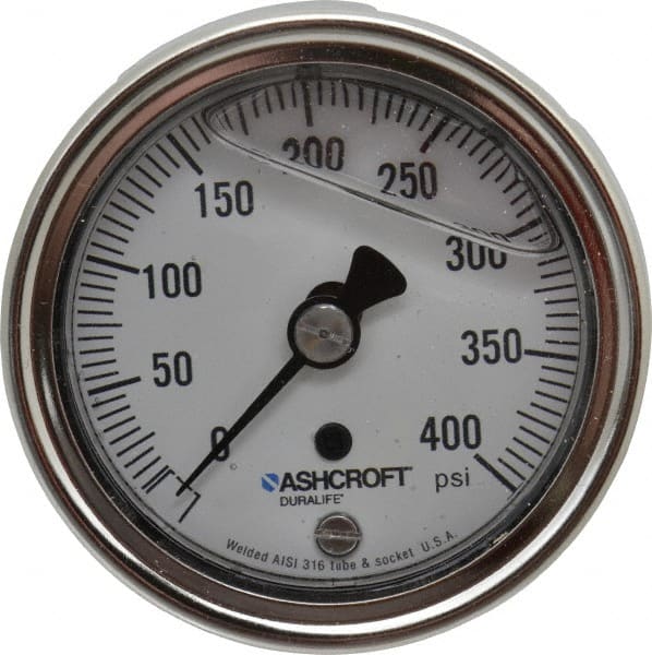 Ashcroft - 2-1/2" Dial, 1/4 Thread, 0-400 Scale Range, Pressure Gauge - Center Back Connection Mount, Accurate to 1% of Scale - Exact Tooling