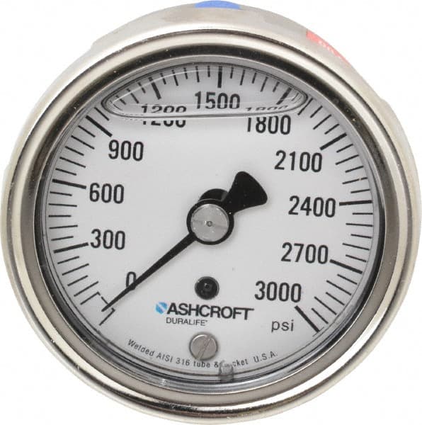 Ashcroft - 2-1/2" Dial, 1/4 Thread, 0-3,000 Scale Range, Pressure Gauge - Center Back Connection Mount, Accurate to 1% of Scale - Exact Tooling