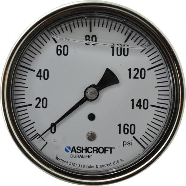 Ashcroft - 3-1/2" Dial, 1/4 Thread, 0-160 Scale Range, Pressure Gauge - Center Back Connection Mount, Accurate to 1% of Scale - Exact Tooling