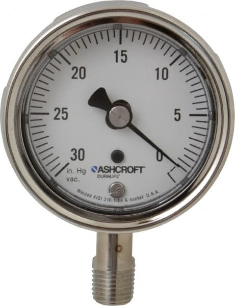 Ashcroft - 2-1/2" Dial, 1/4 Thread, 30-0 Scale Range, Pressure Gauge - Lower Connection Mount, Accurate to 1% of Scale - Exact Tooling