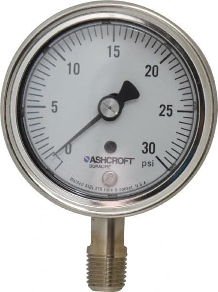 Ashcroft - 2-1/2" Dial, 1/4 Thread, 0-30 Scale Range, Pressure Gauge - Lower Connection Mount, Accurate to 1% of Scale - Exact Tooling