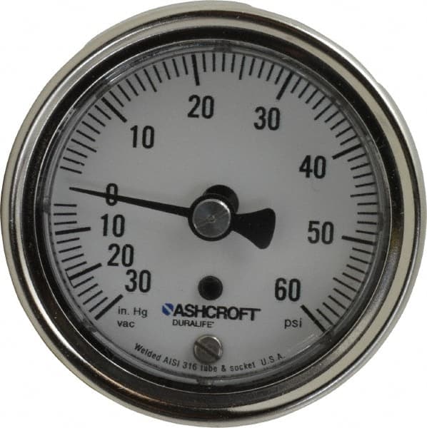 Ashcroft - 2-1/2" Dial, 1/4 Thread, 30-0-60 Scale Range, Pressure Gauge - Center Back Connection Mount, Accurate to 1% of Scale - Exact Tooling