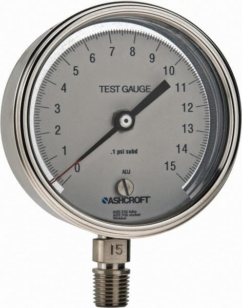 Ashcroft - 3" Dial, 1/4 Thread, 0-15 Scale Range, Pressure Gauge - Lower Connection Mount, Accurate to 0.5% of Scale - Exact Tooling